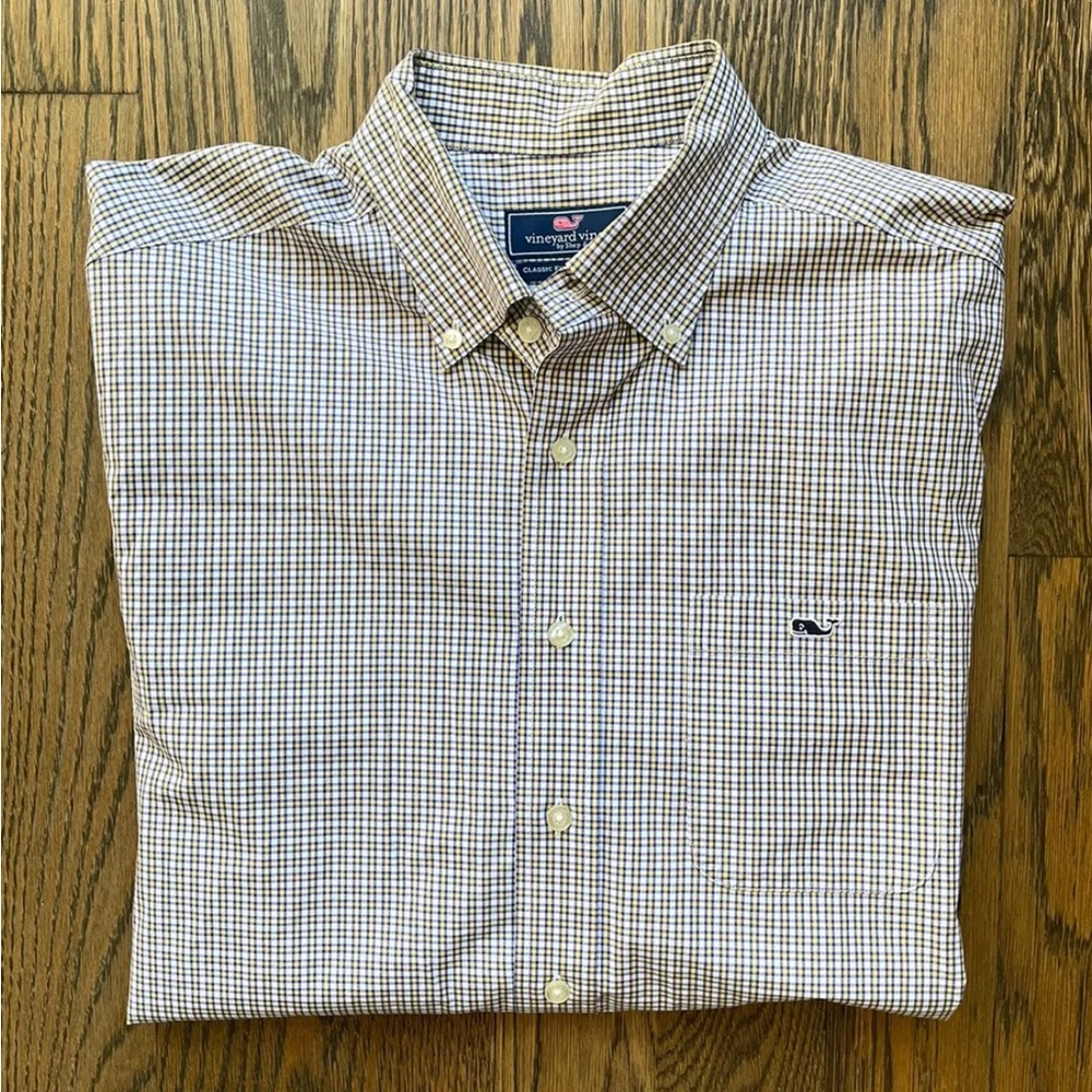 Vineyard Vines Slim Fit Tucker Shirt Mens Blue Yellow Plaid Size Large